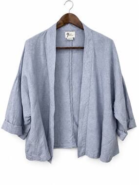 Andrea Jovine Womens Large Blue 100% Linen Kimono Jacket Open Front Coastal Boho